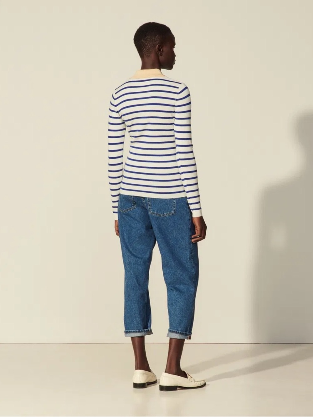 Sandro Blue & White Striped Zip Polo Top - Picture 2 of 8